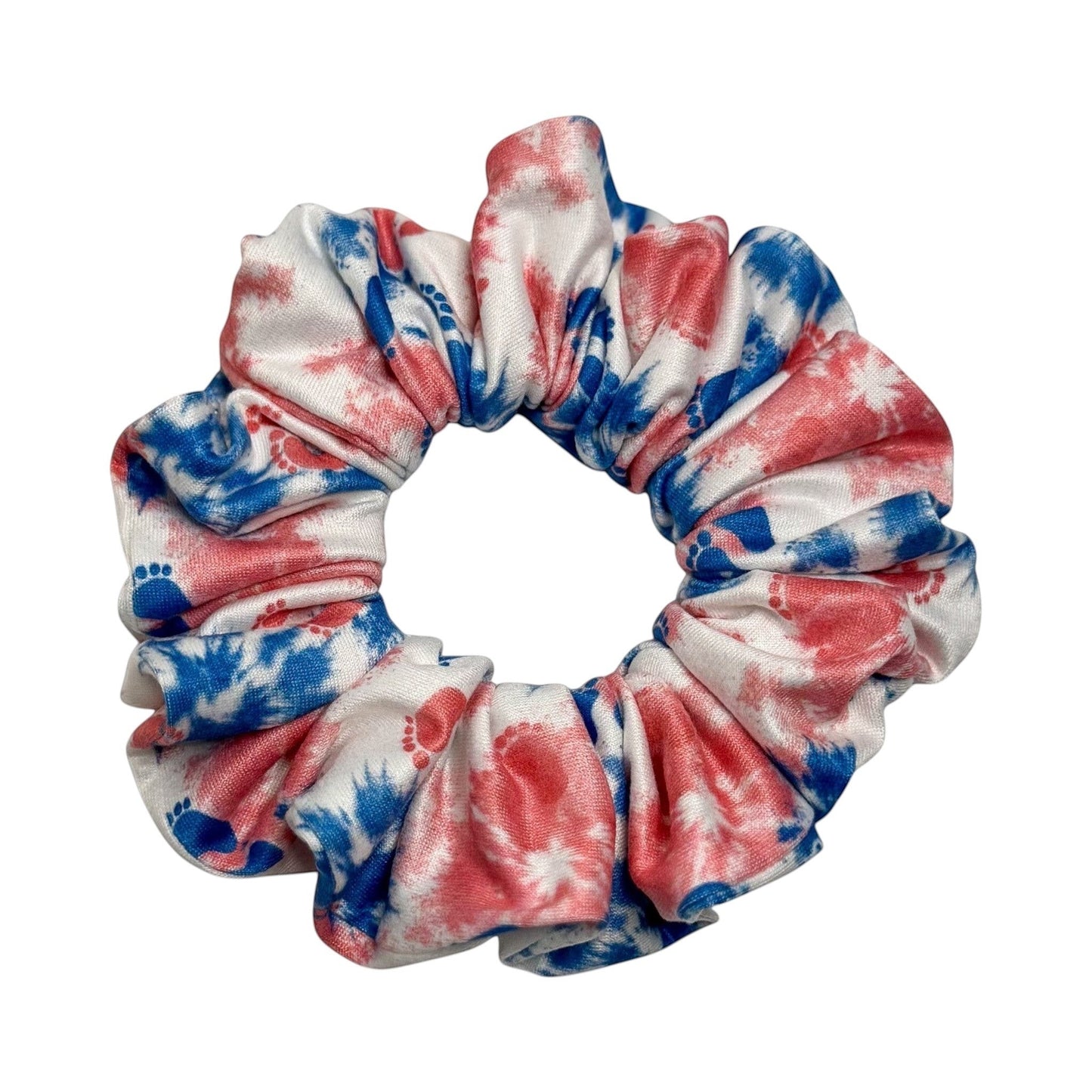 Headband Studio red, white, and blue tie-dye scrunchie with paw print pattern, made of soft polyester for healthcare workers.