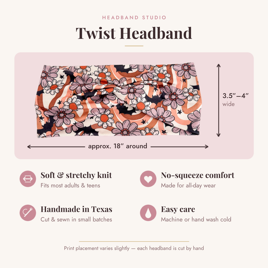 Halloween twist headband size and features: approx. 18 inches around, 3.5 to 4 inches wide, soft stretchy knit, handmade in Texas, easy care