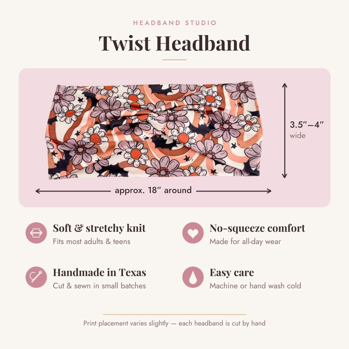 Halloween twist headband size and features: approx. 18 inches around, 3.5 to 4 inches wide, soft stretchy knit, handmade in Texas, easy care