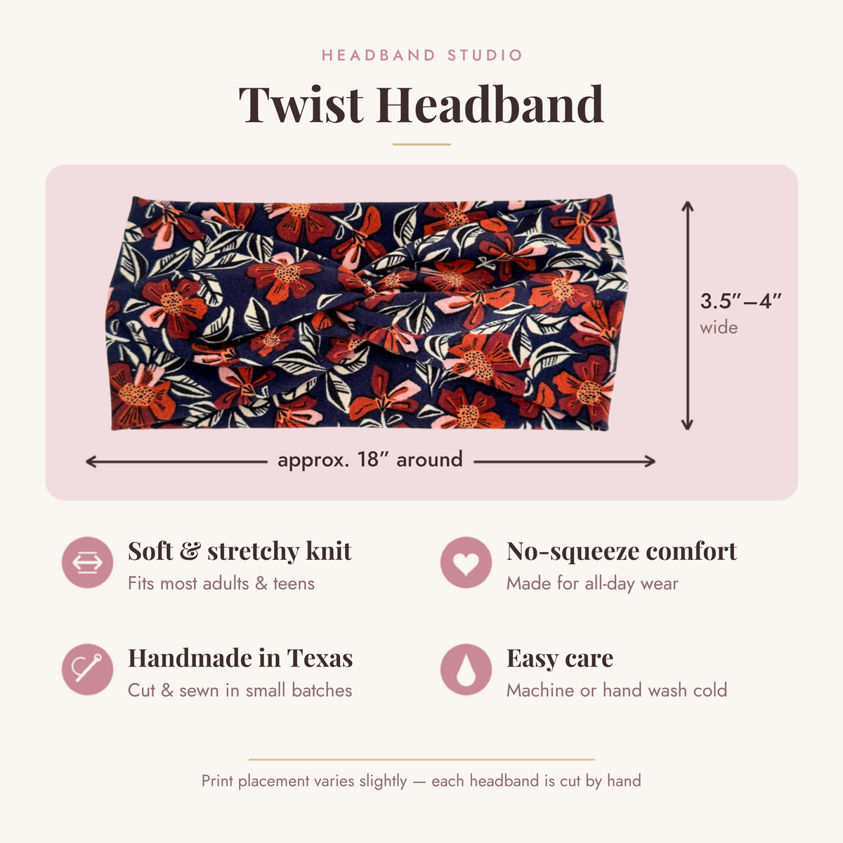 Fall floral twist headband size and features: approx. 18 inches around, 3.5 to 4 inches wide, soft stretchy knit, handmade in Texas, easy care
