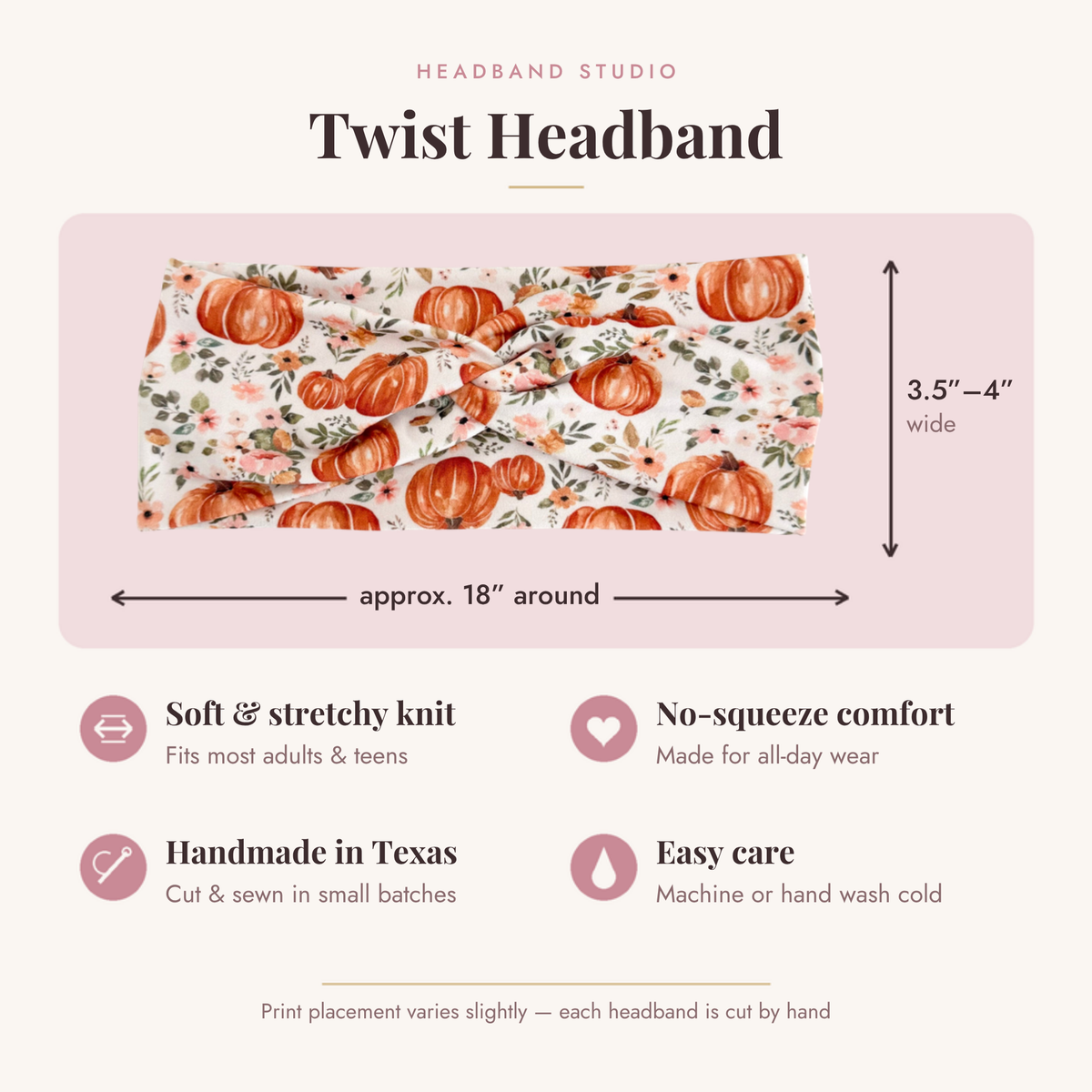 Thanksgiving twist headband size and features: approx. 18 inches around, 3.5 to 4 inches wide, soft stretchy knit, handmade in Texas, easy care