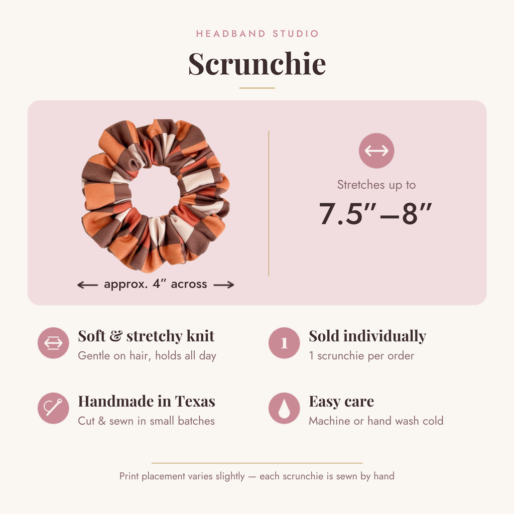 Fall scrunchie size and features: approx. 4 inches across, stretches up to 7.5 to 8 inches, sold individually, one scrunchie per order, handmade in Texas, easy care