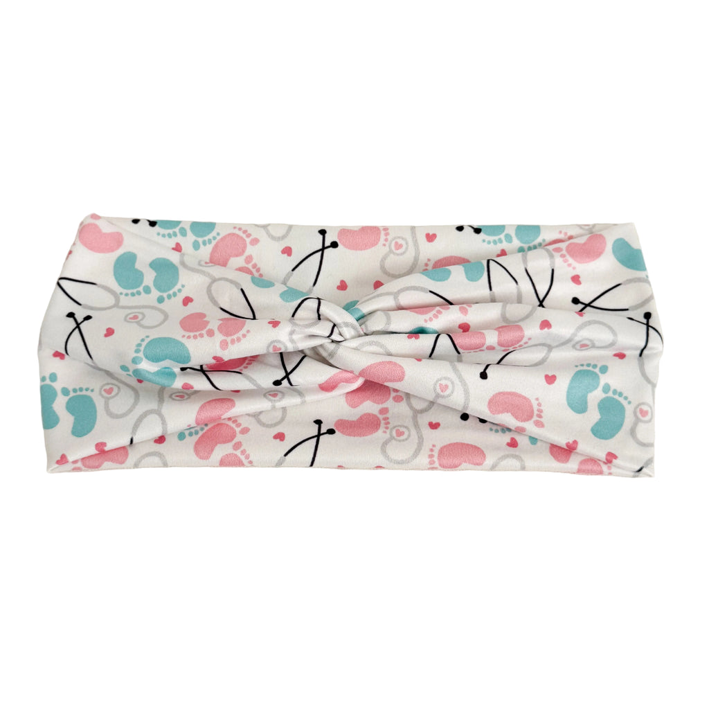 Labor & delivery print twist headband for nurses – handmade by Headband Studio