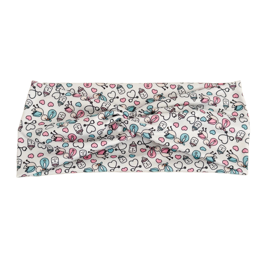Baby stork print twist headband for labor & delivery nurses – handmade by Headband Studio