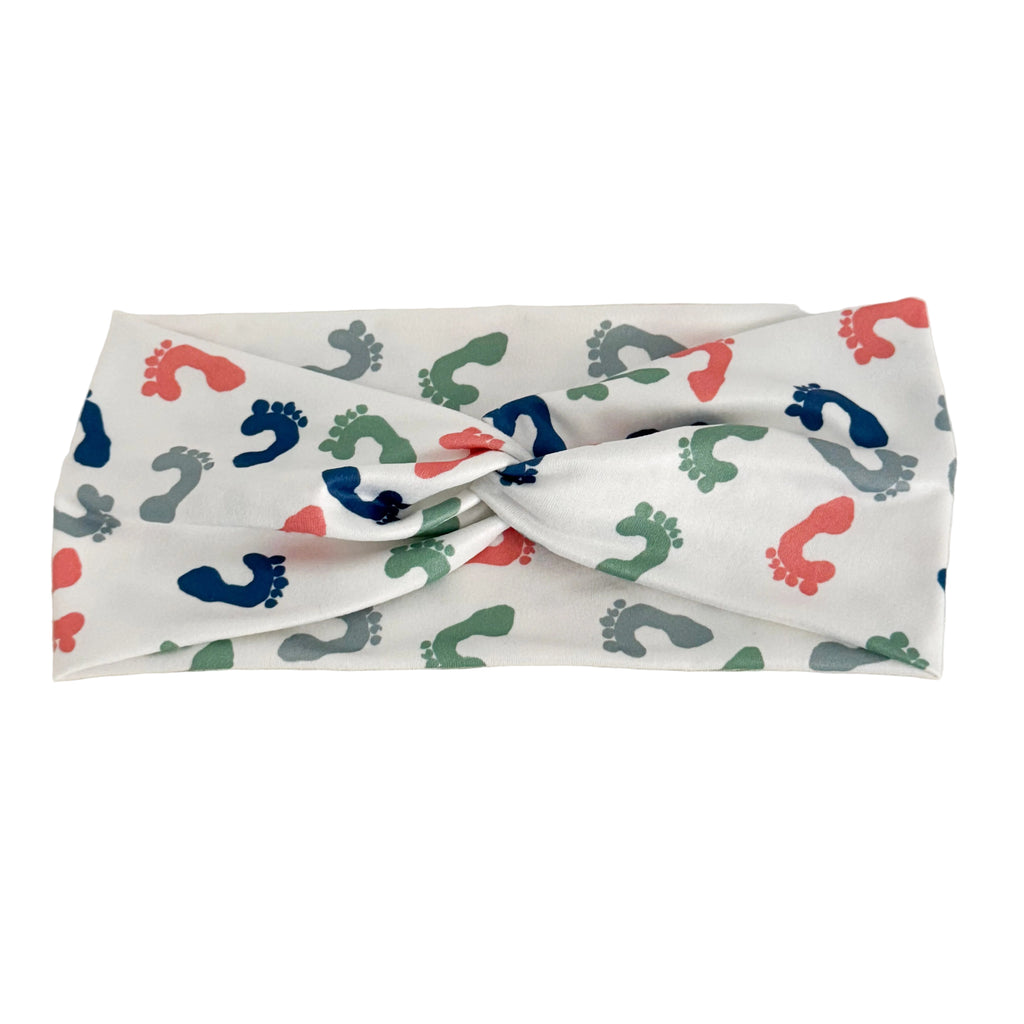 Baby feet print twist headband for labor & delivery nurses – handmade by Headband Studio