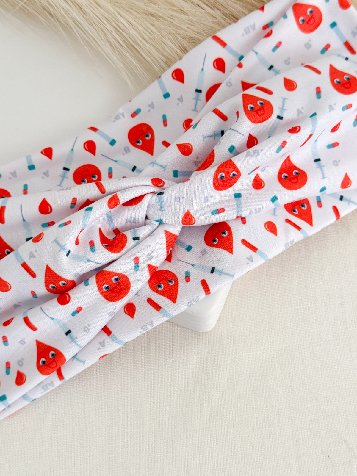 Blood Drops & Syringes Phlebotomy Headband – Handmade Gift for Phlebotomists
