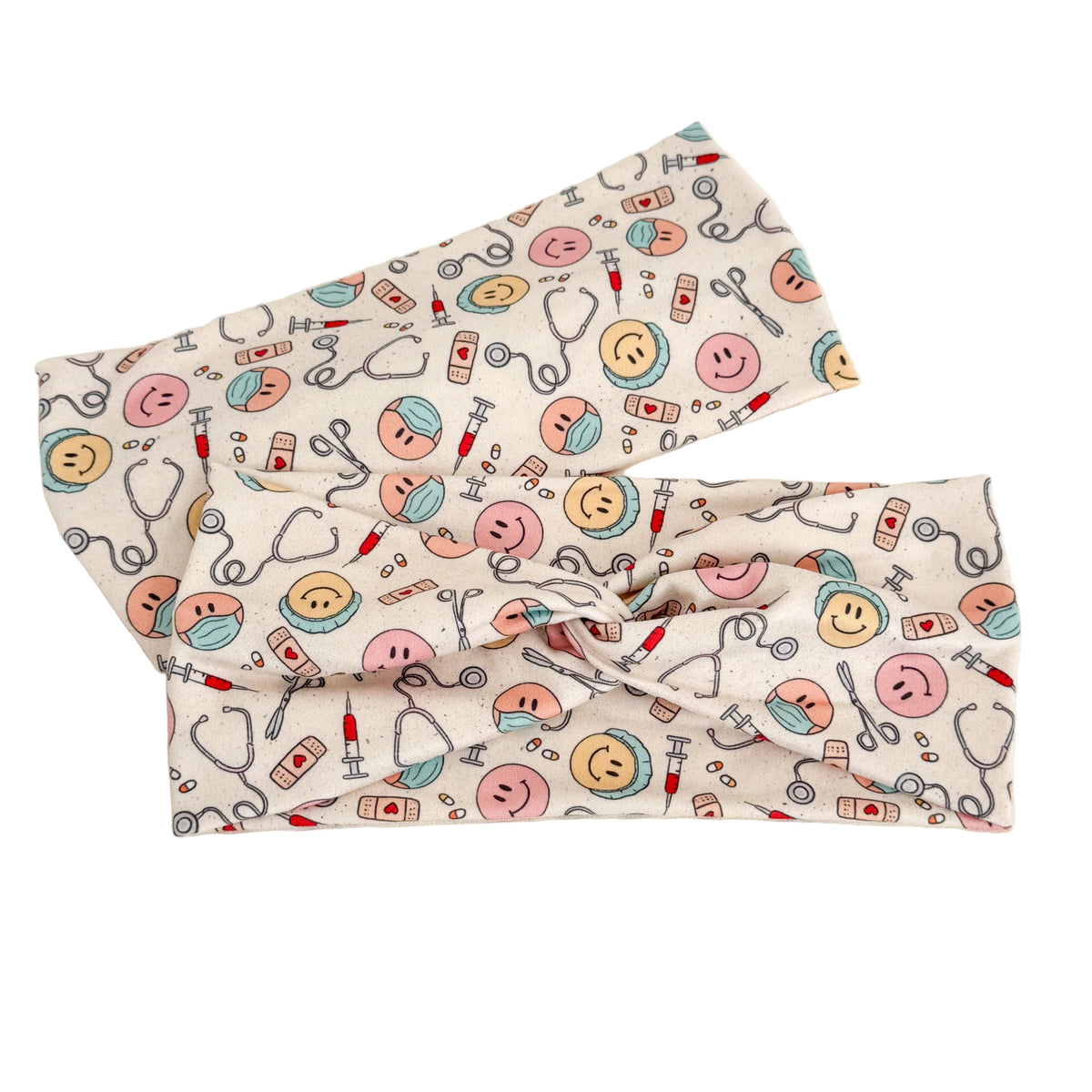 Medical smiles print twist headband for nurses and healthcare workers – handmade by Headband Studio