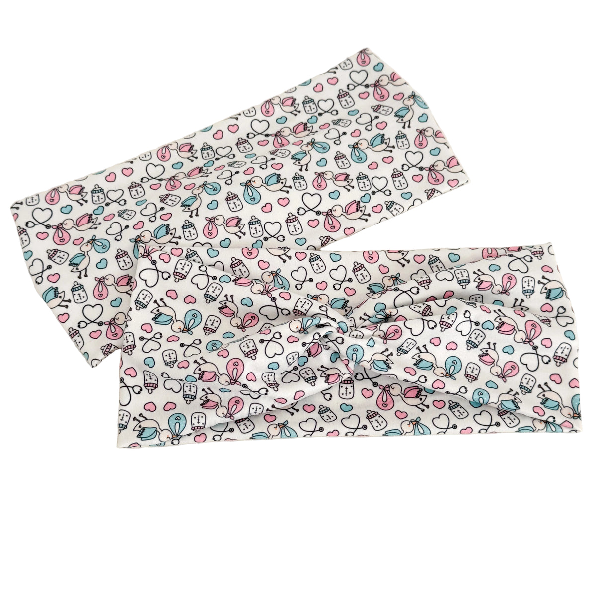 Baby stork print twist headband for labor & delivery nurses – handmade by Headband Studio