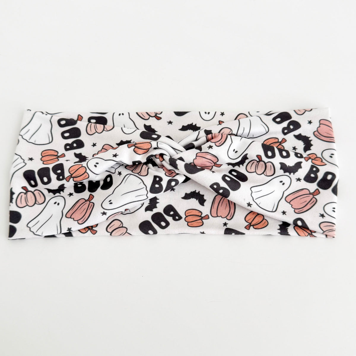 Boo twist headband with BOO ghosts, pumpkins and bats on white