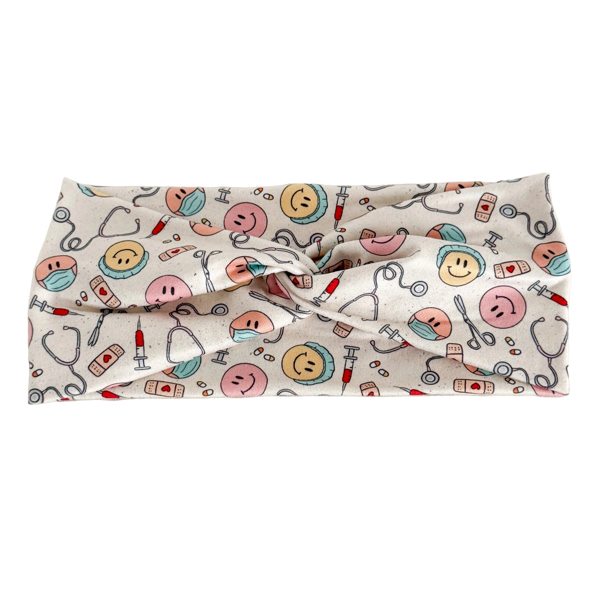 Medical smiles print twist headband for nurses and healthcare workers – handmade by Headband Studio