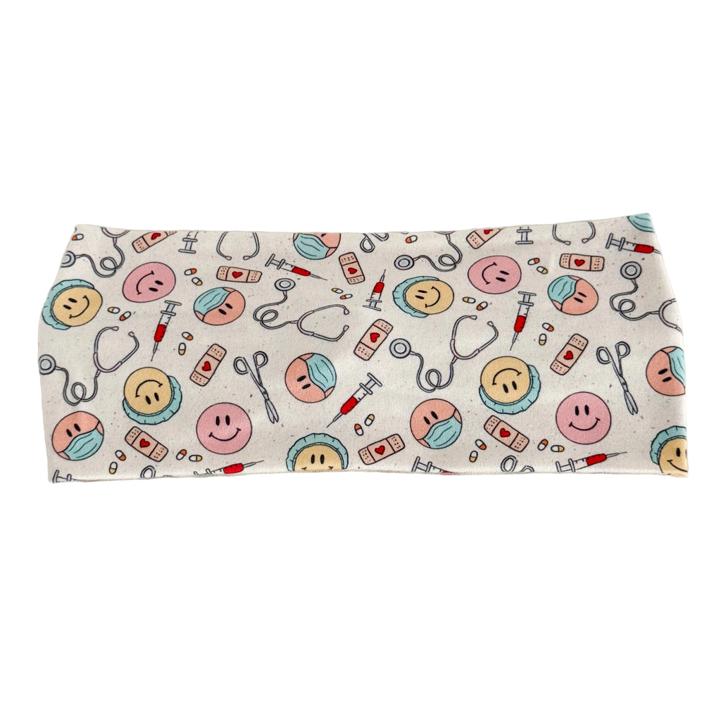 Medical smiles print twist headband for nurses and healthcare workers – handmade by Headband Studio