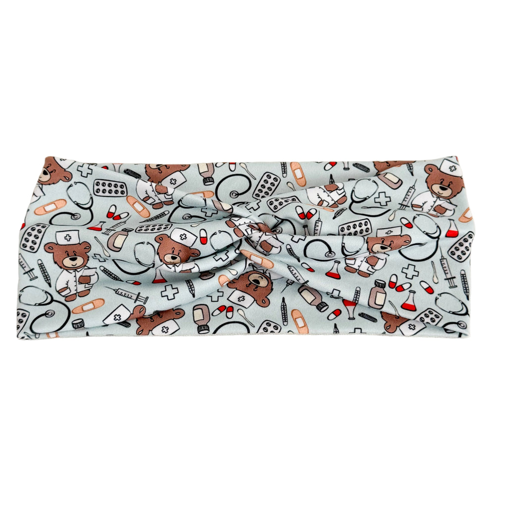 Doctor bear print twist headband for doctors, residents & medical students – handmade by Headband Studio