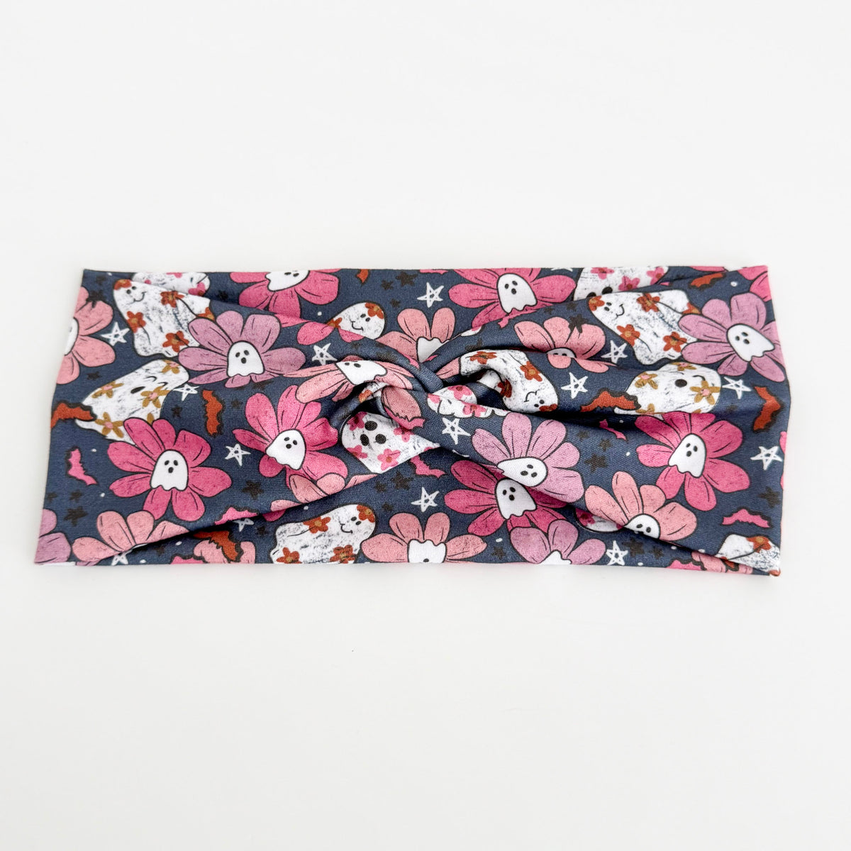 Floral Ghost twist headband with little ghosts and pink daisies on charcoal