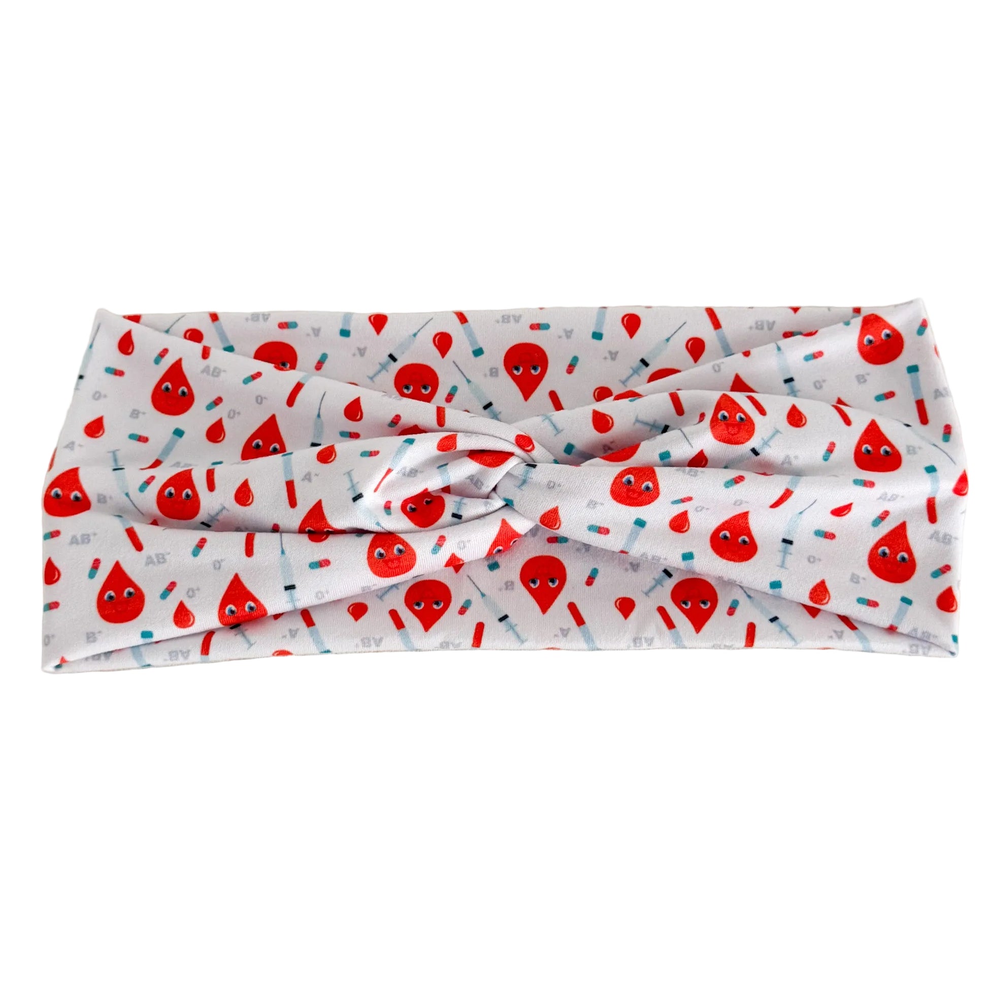 Headband with blood drops and syringes pattern on a white background