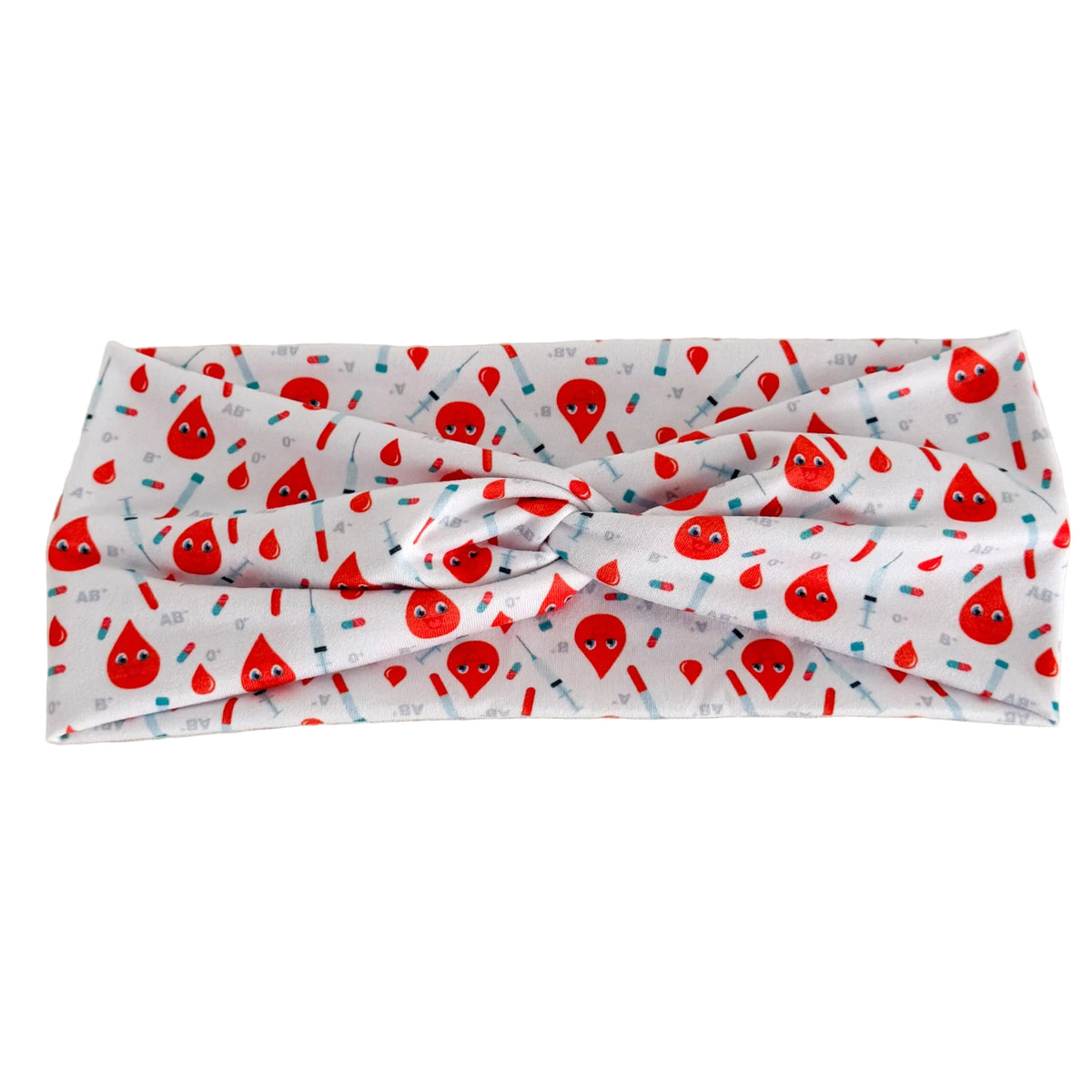 Headband with blood drops and syringes pattern on a white background