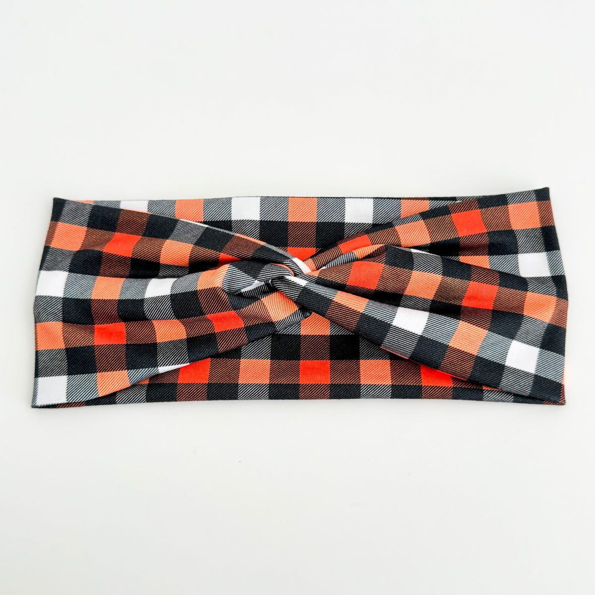 Halloween Buffalo Plaid twist headband in orange, black and white check