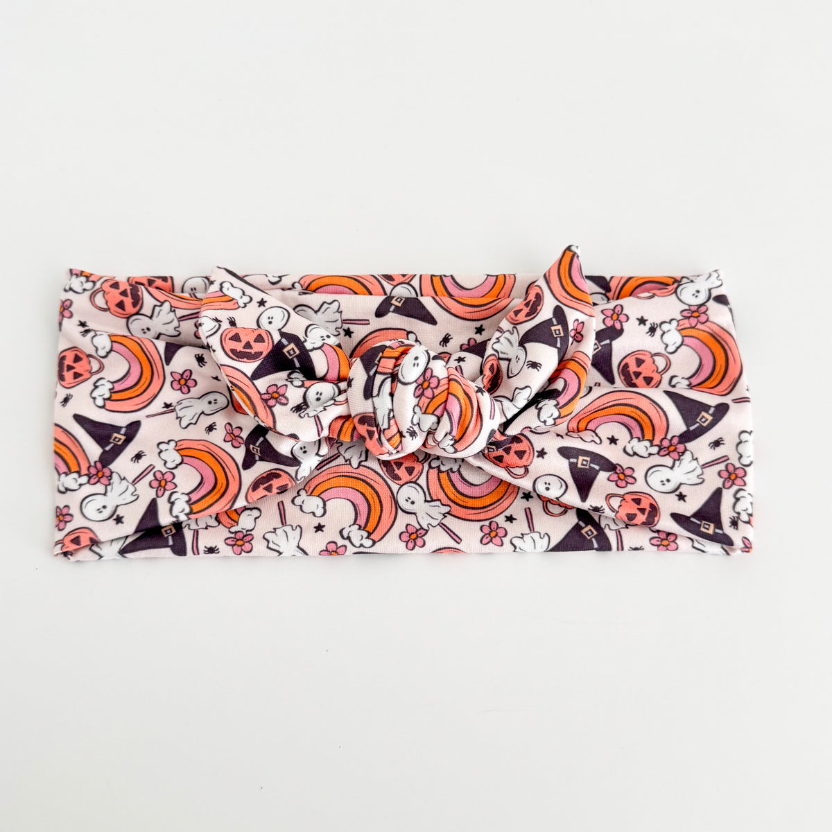 Halloween Knotted Tie Headband in Halloween Rainbows print – handmade adjustable self-tie headband for women