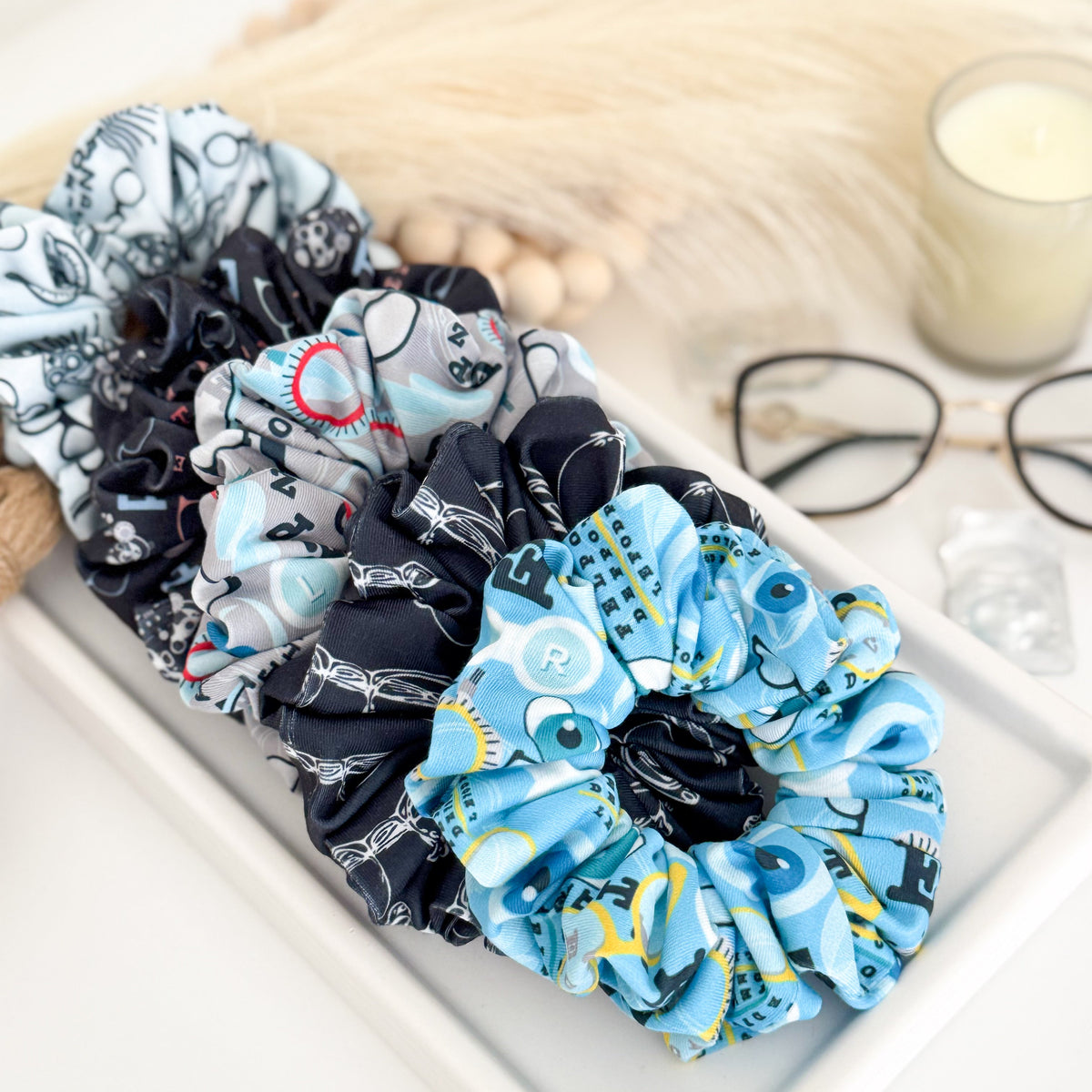 Eye care print scrunchie for optometry professionals – handmade by Headband Studio