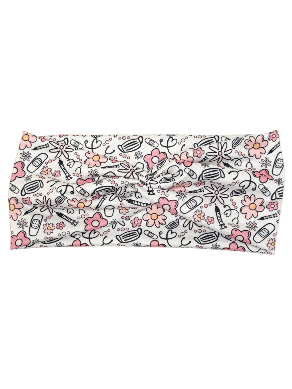 Medical flowers print twist headband for nurses and healthcare workers – handmade by Headband Studio
