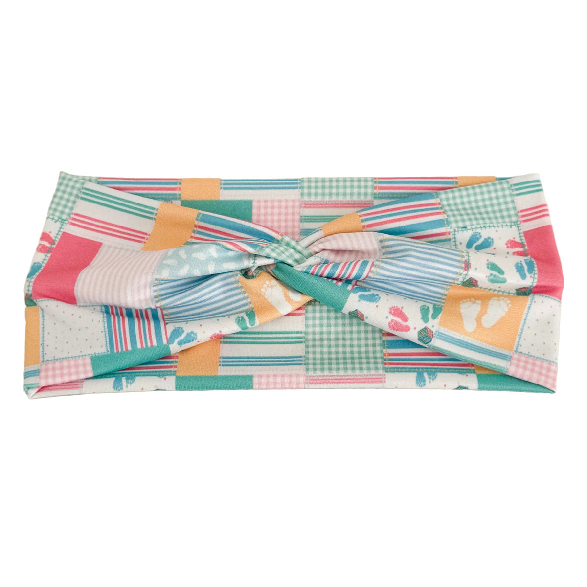 Patchwork print twist headband for labor & delivery nurses – handmade by Headband Studio