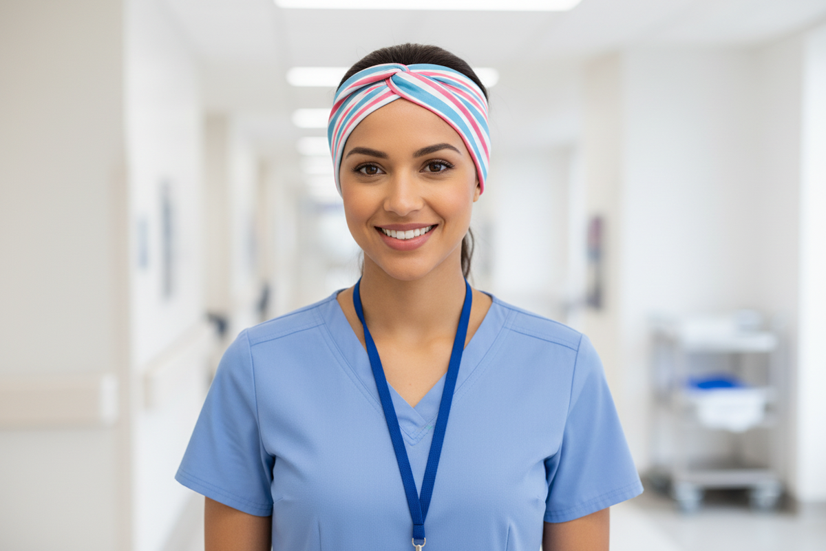 Nurse wearing a handmade DBP headband during a hospital shift