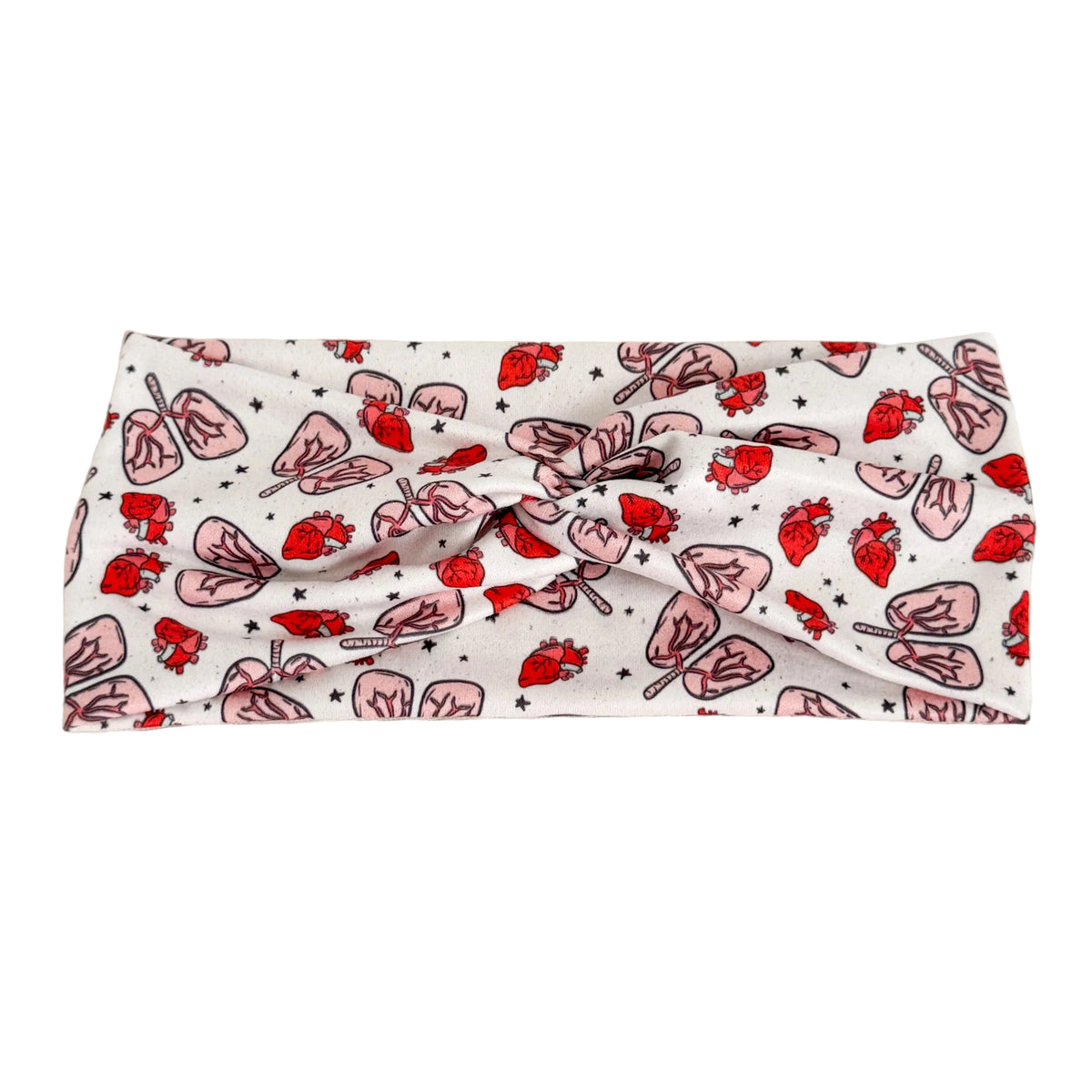 Lungs & hearts print twist headband for healthcare workers – handmade by Headband Studio