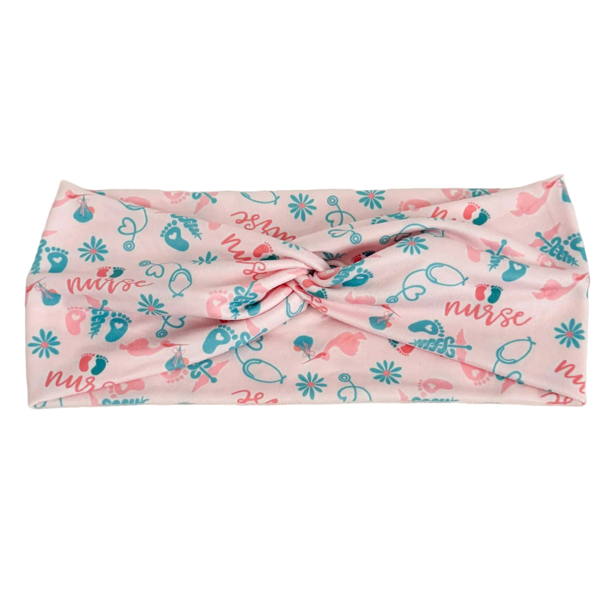 Pink labor & delivery print twist headband for nurses – handmade by Headband Studio
