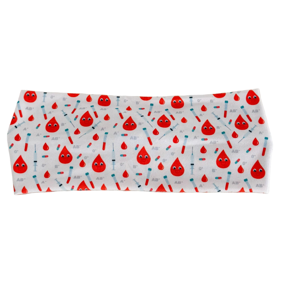 Headband with red blood drop and syringe pattern on a white background