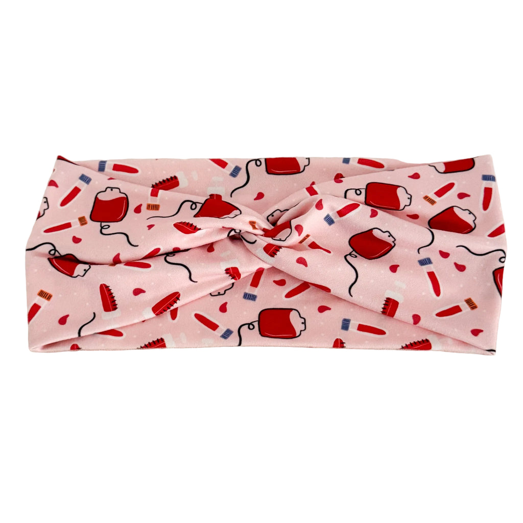 Blood bag print twist headband for phlebotomists and lab techs – handmade by Headband Studio