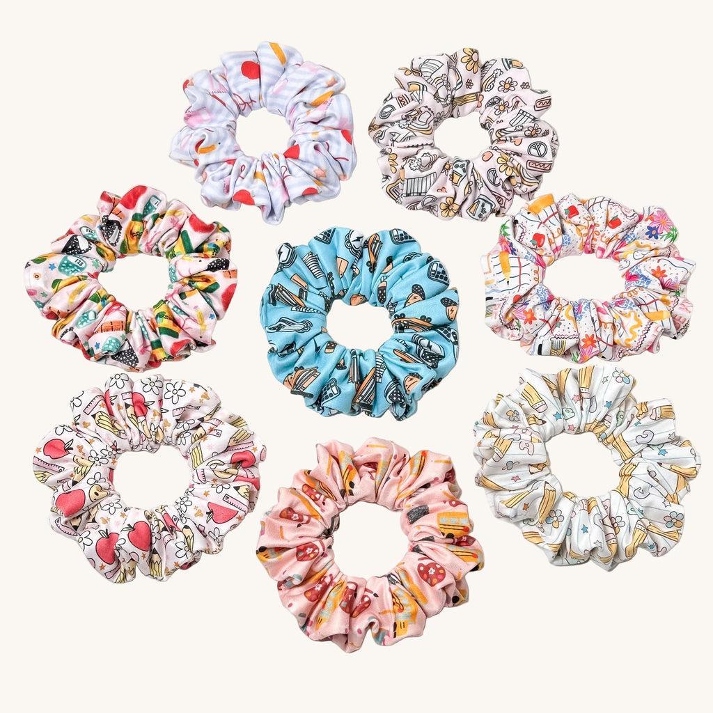 Back-to-school print scrunchie for teachers – handmade by Headband Studio