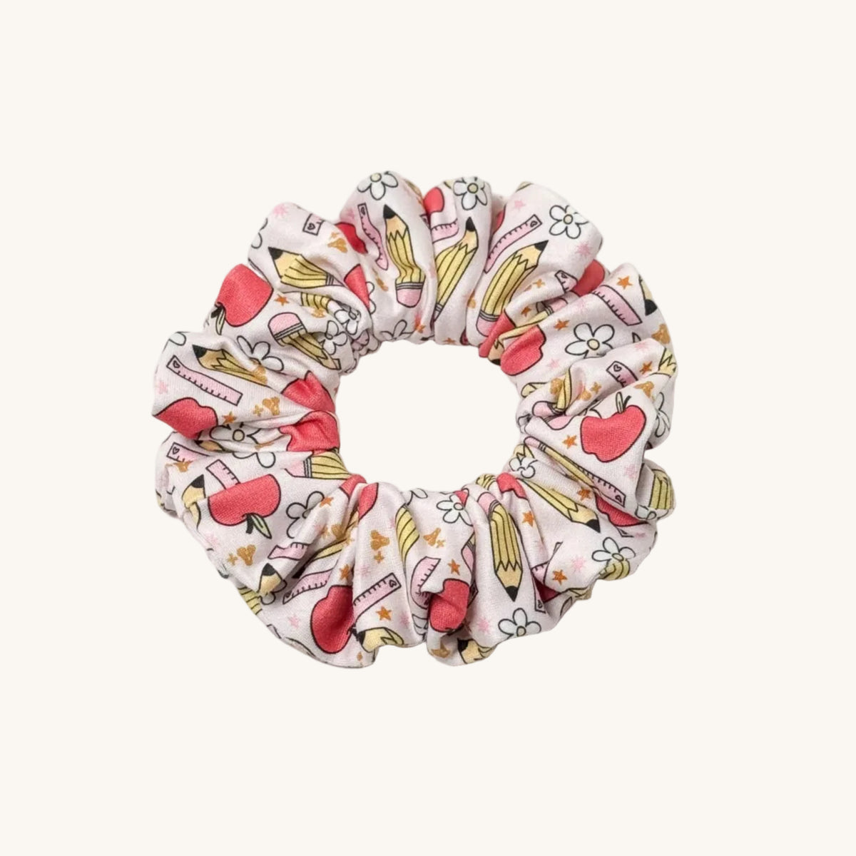 Pink apple & pencil print scrunchie for teachers – handmade by Headband Studio
