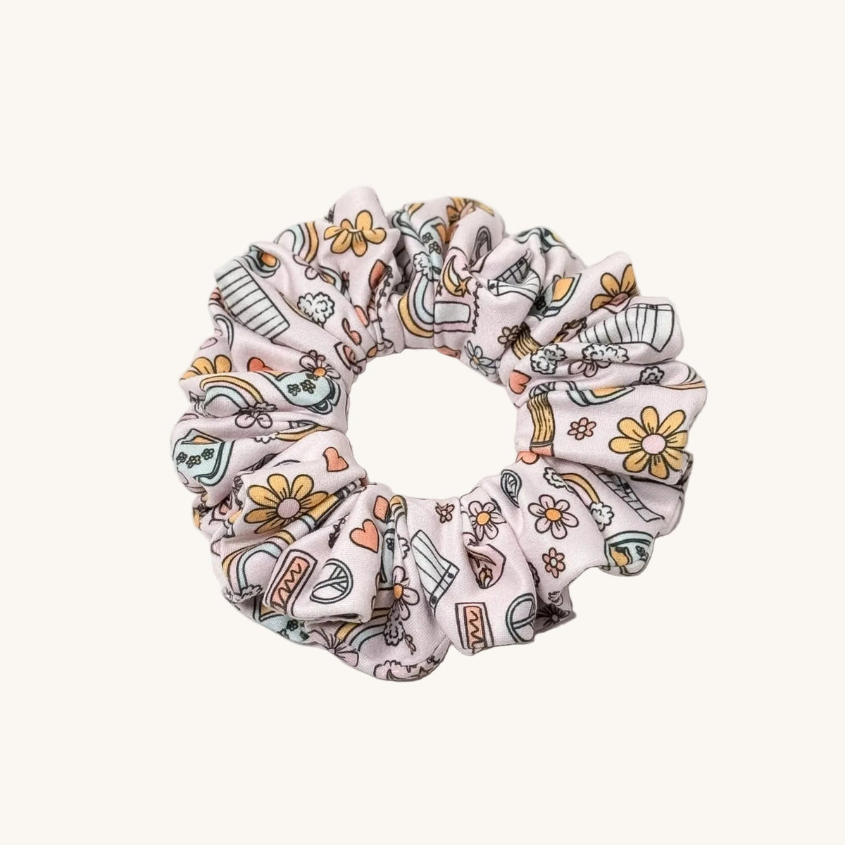 Retro boho peace sign print scrunchie for teachers – handmade by Headband Studio