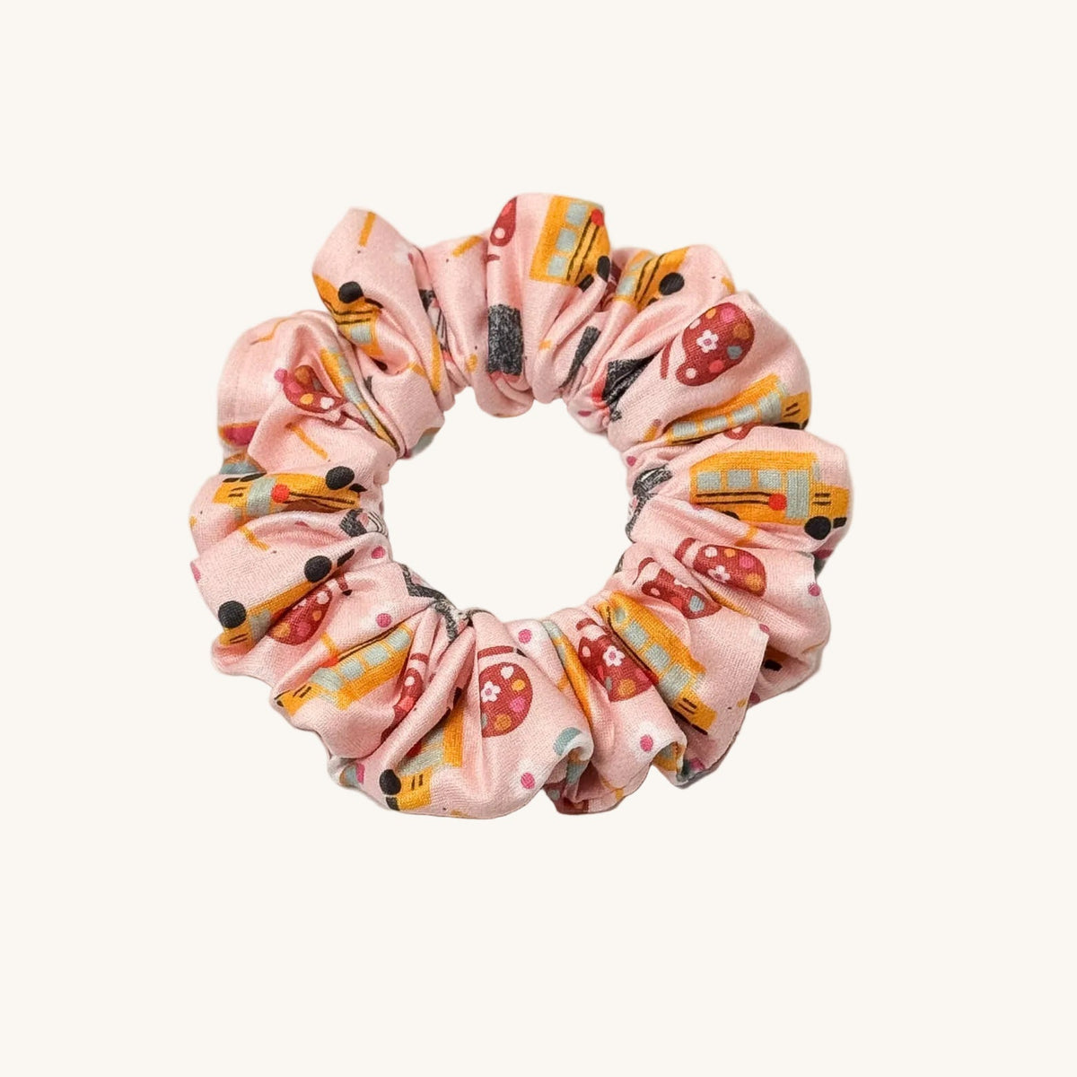 Blush pink school bus print scrunchie for teachers – handmade by Headband Studio