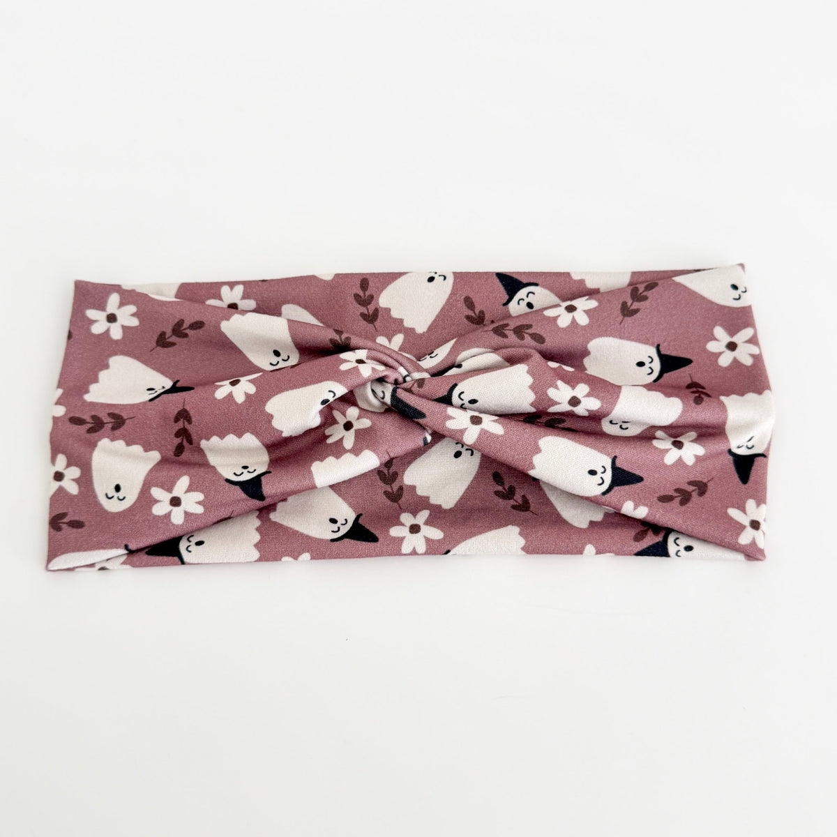 Pink Ghost twist headband with white ghosts and tiny flowers on dusty mauve