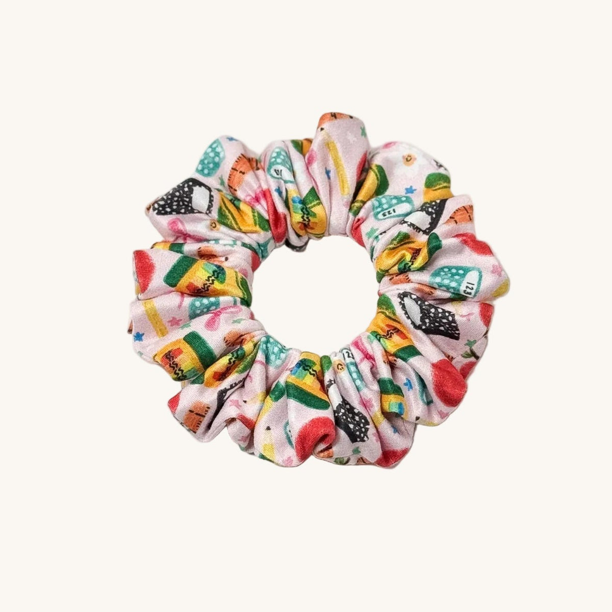 Pink school-print scrunchie for teachers – handmade by Headband Studio