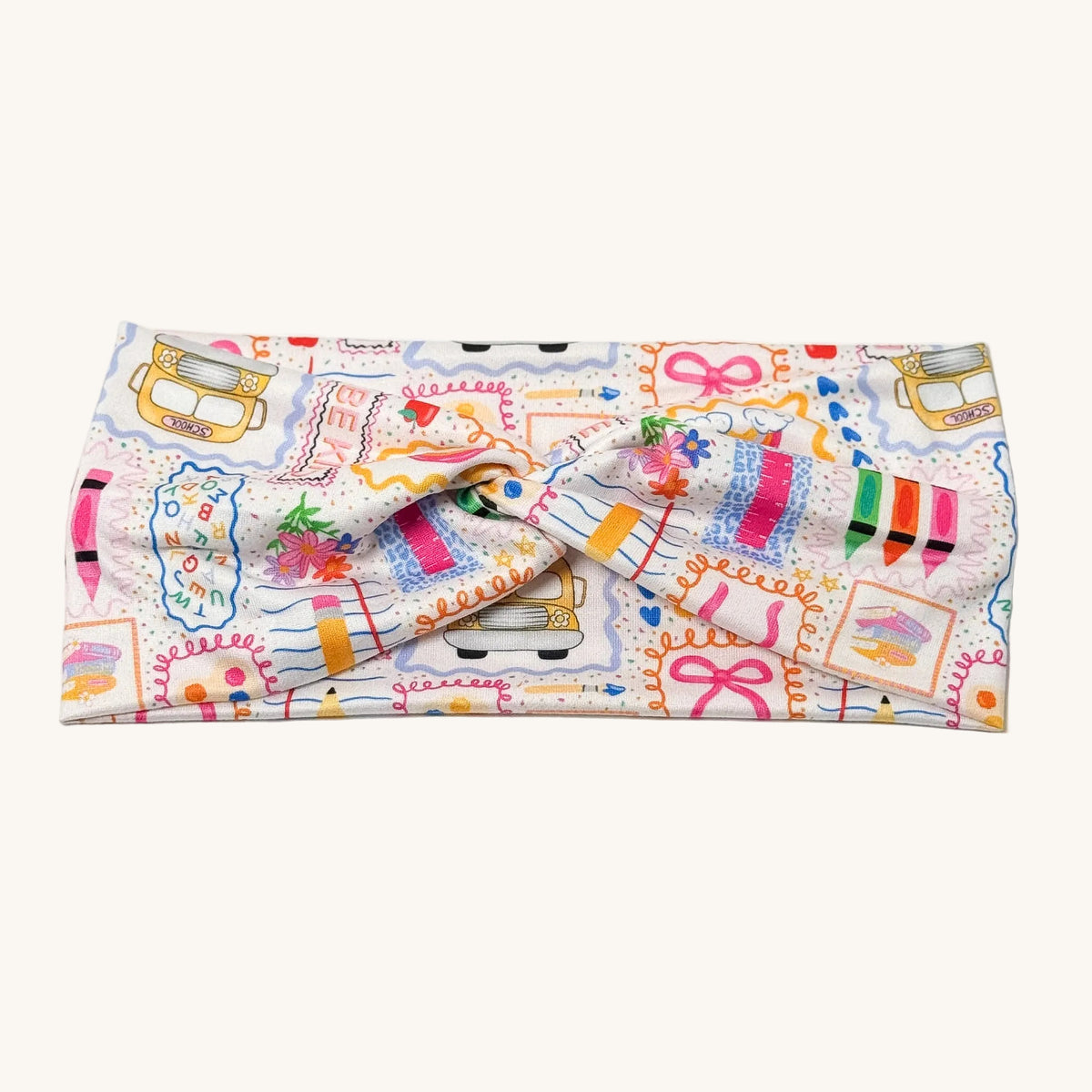 School doodle print knotted headband for teachers – handmade by Headband Studio