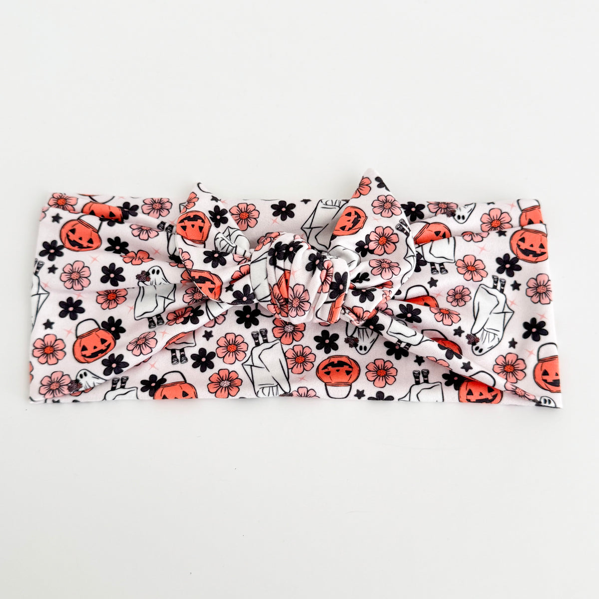Halloween Knotted Tie Headband in Spooky Sweet Ghost print – handmade adjustable self-tie headband for women