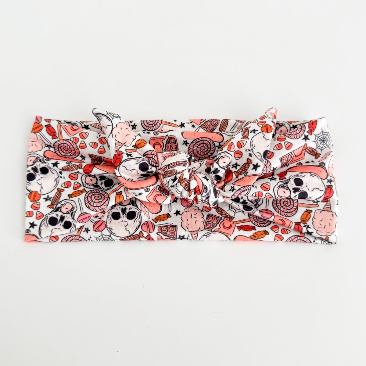 Halloween Knotted Tie Headband in Spooky Sweet Skulls print – handmade adjustable self-tie headband for women