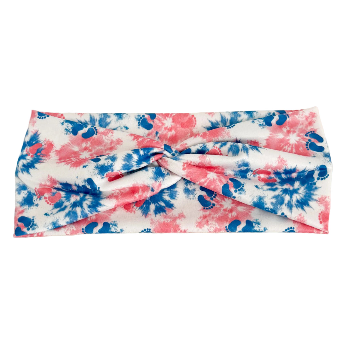 Tie-dye headband with pink and blue patterns on a white background