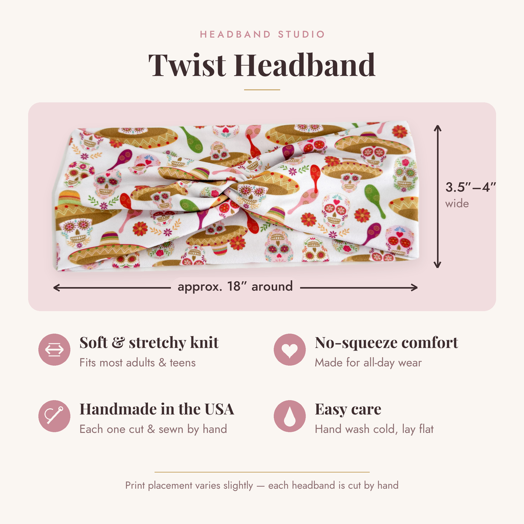Twist headband size and features: approx. 18 inches around, 3.5 to 4 inches wide, soft stretchy knit, handmade in the USA