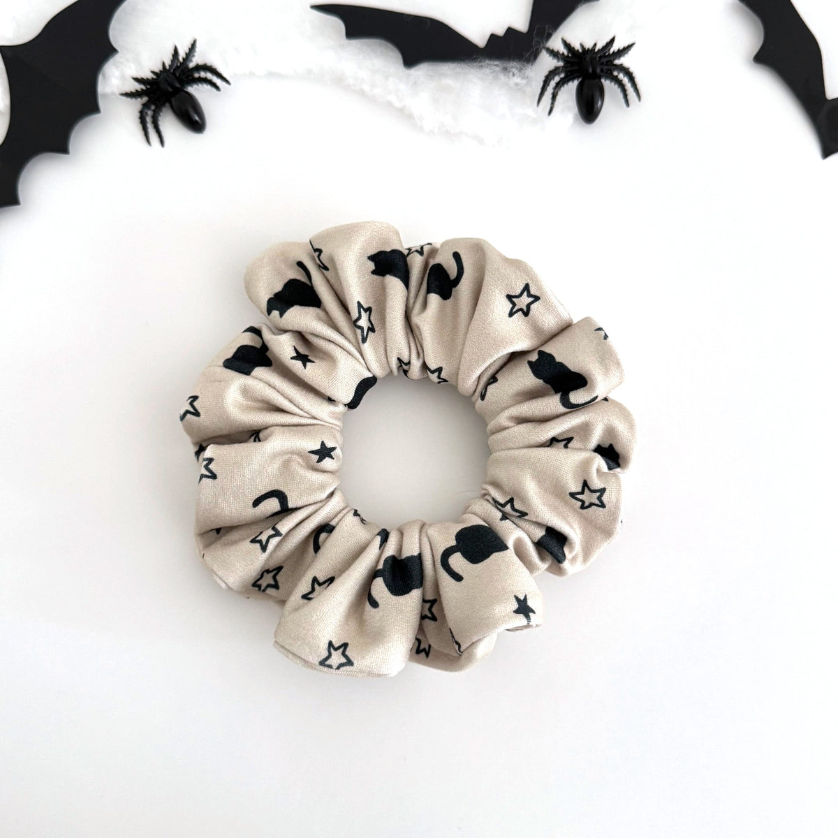Black Cat and Moon scrunchie with black cats and stars on cream