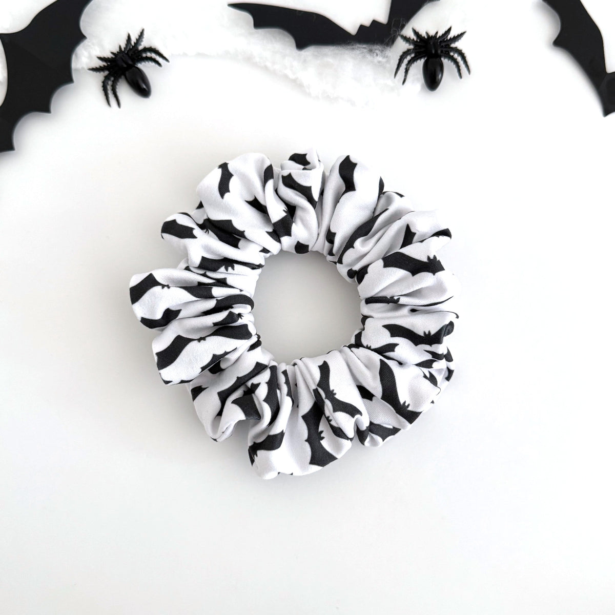 Black and White Bats scrunchie with black bats on white
