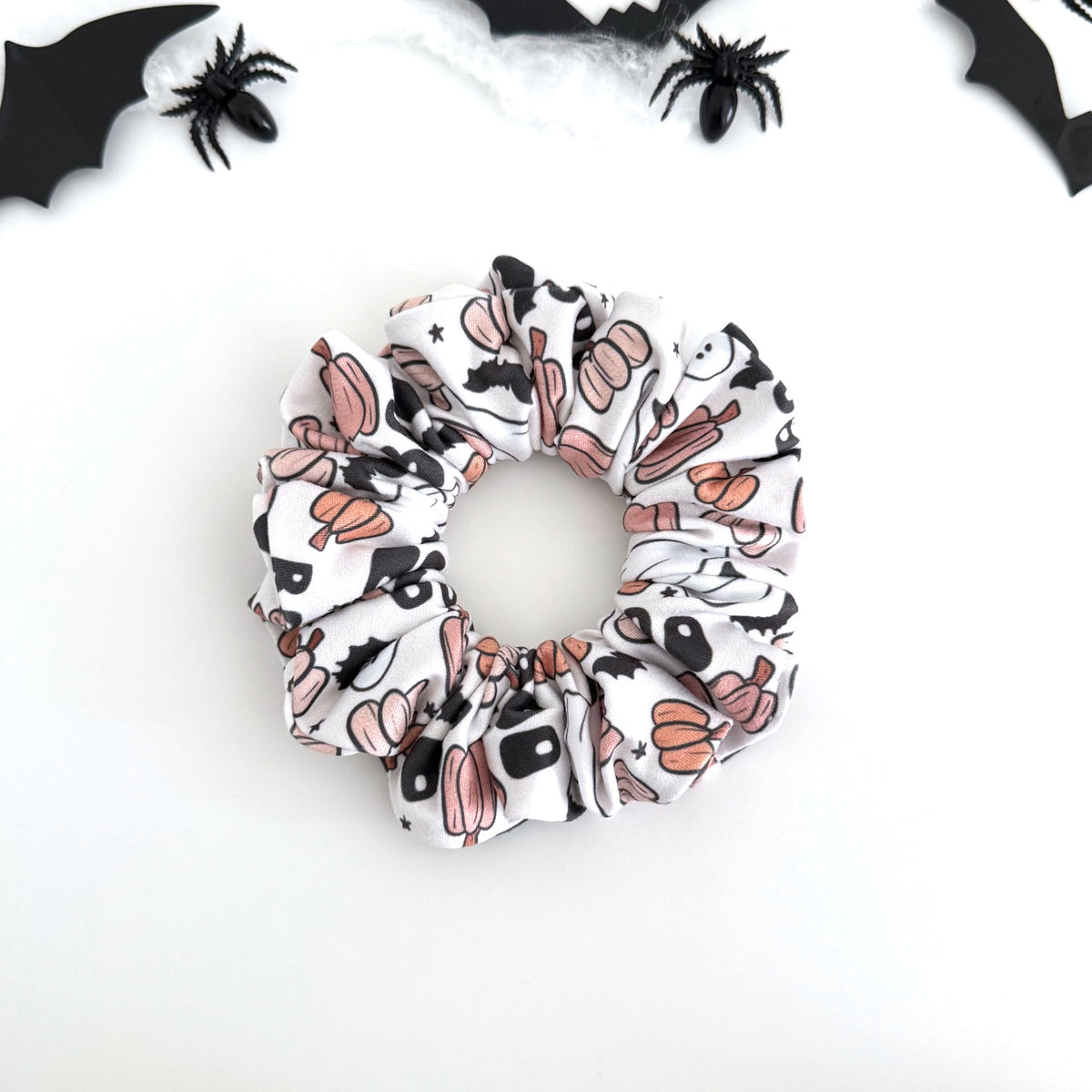 Blush Boo scrunchie with BOO ghosts, blush pumpkins and bats on white