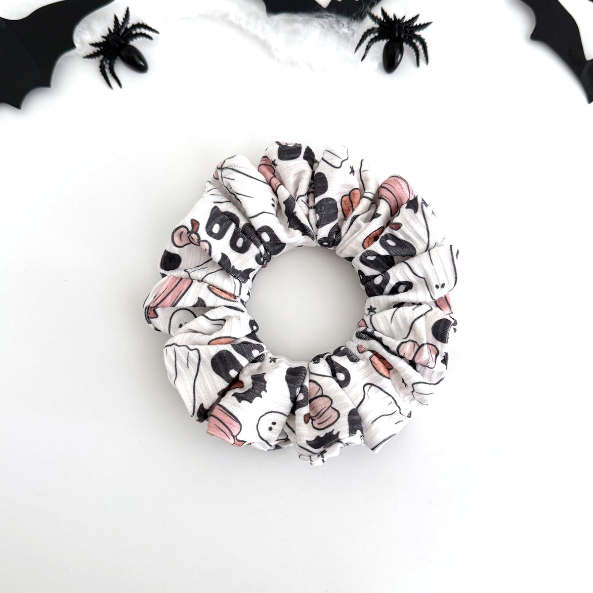 Boo scrunchie with BOO ghosts, pumpkins and bats on white