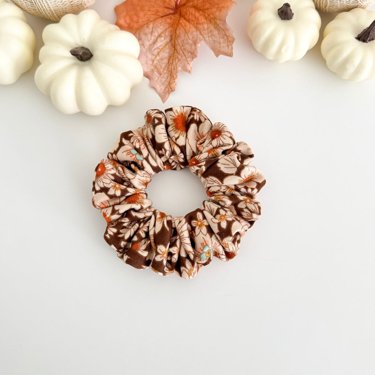 Brown Floral scrunchie with cream retro flowers on chocolate brown