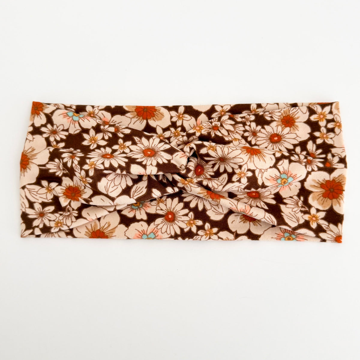 Brown Floral twist headband with cream and tan retro flowers on chocolate brown