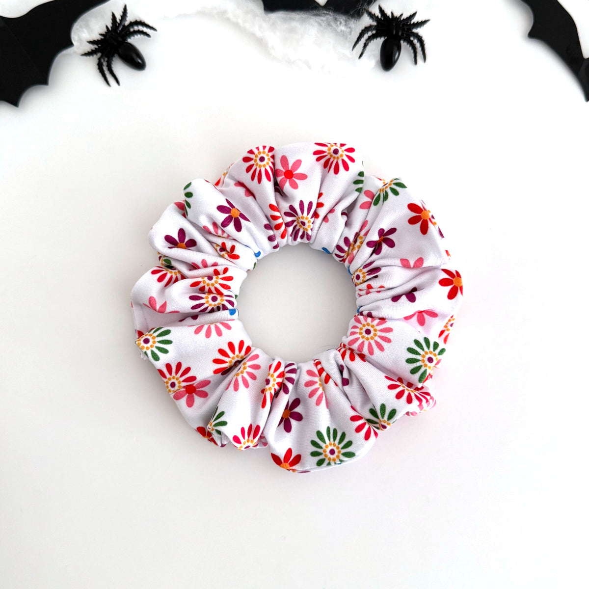 Colorful Flowers scrunchie with bright daisies on white