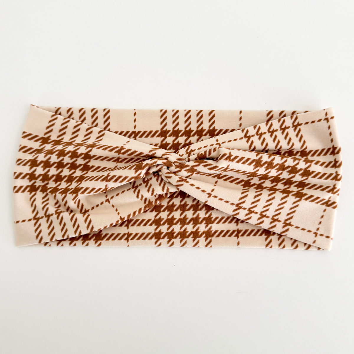 Cream Plaid twist headband with brown houndstooth plaid on cream