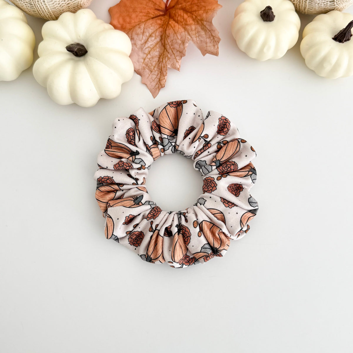 Fall Pumpkin scrunchie with brown pumpkins and flowers on cream