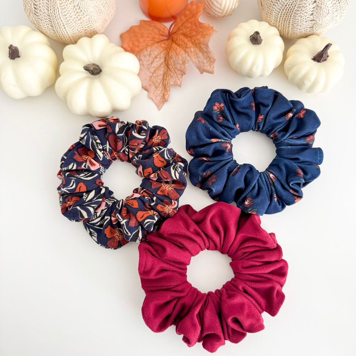 Fall Floral, Navy Blossom and Burgundy scrunchies together